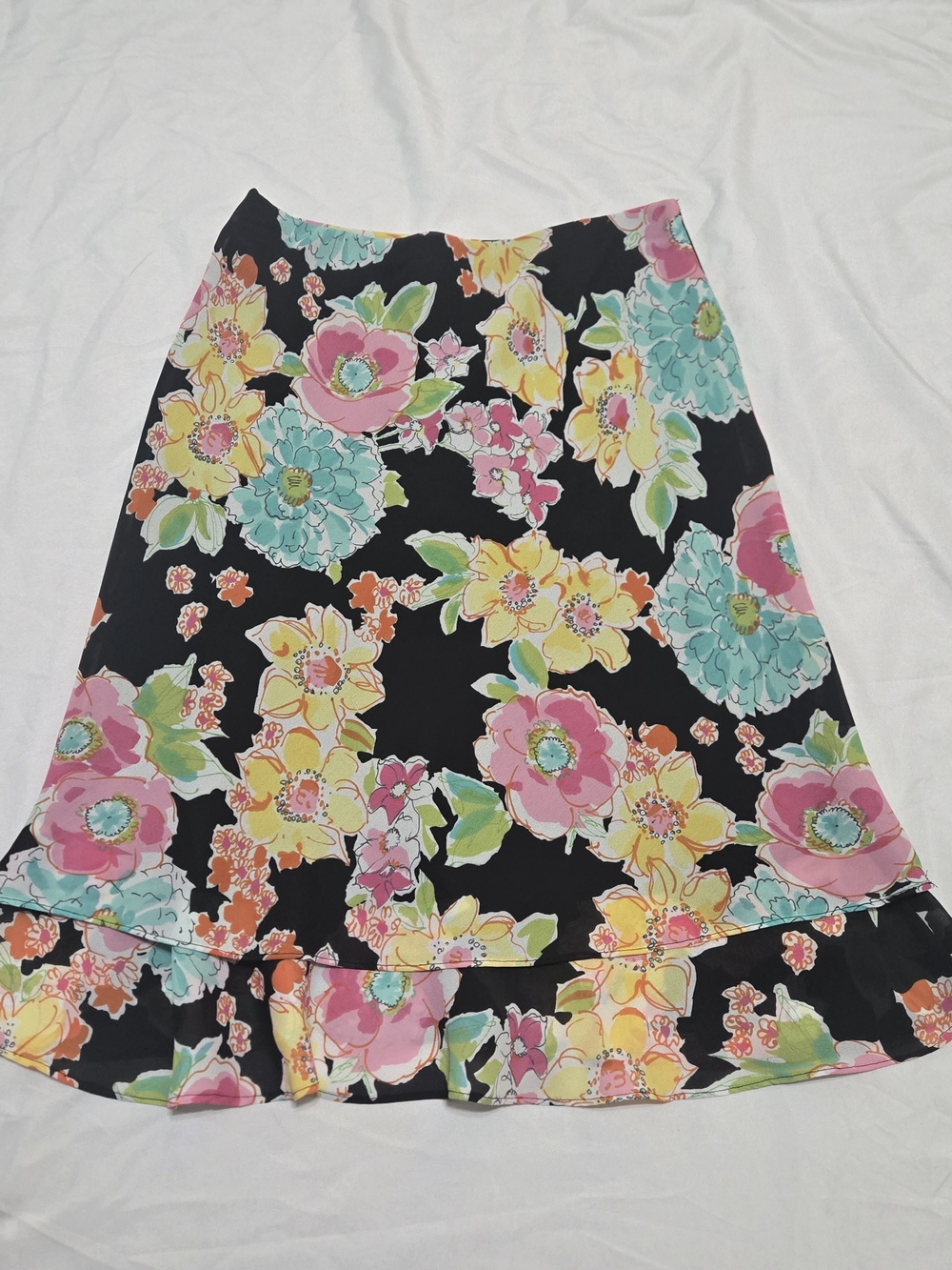Floral A-Line Skirt in Black with Pink, Yellow & Teal Blooms